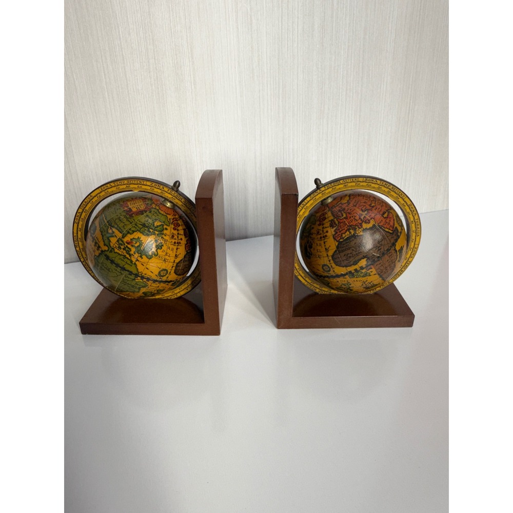 Vintage Wooden Globe Bookends Old World Map Nautical Office Decor Set of 2
